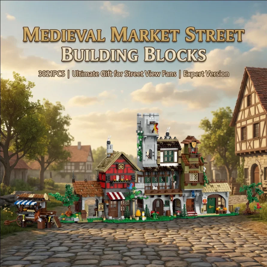 3021-teiliges Mittelalterliches Marktplatz-Set, Retro-Architektur Modulare Bausteine, Montage-Modellbausatz, Kreatives Spielzeug-Geschenk