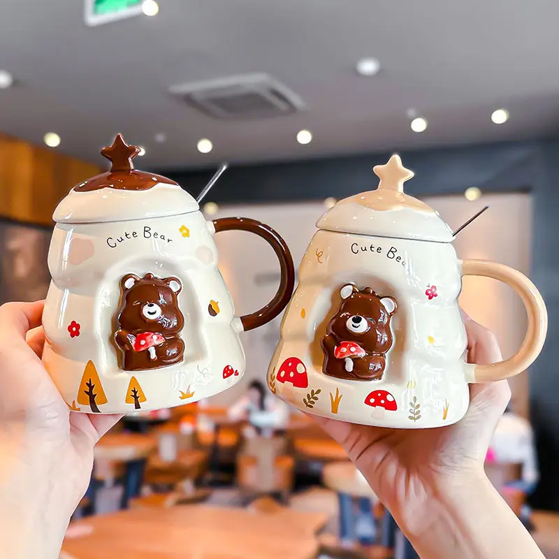 Relief Bear Ceramic Cup Cute Ceramic Mug with Lid on Hand Christmas 3D three-dimensional Mug Couple Coffee Cup Home Water Cup