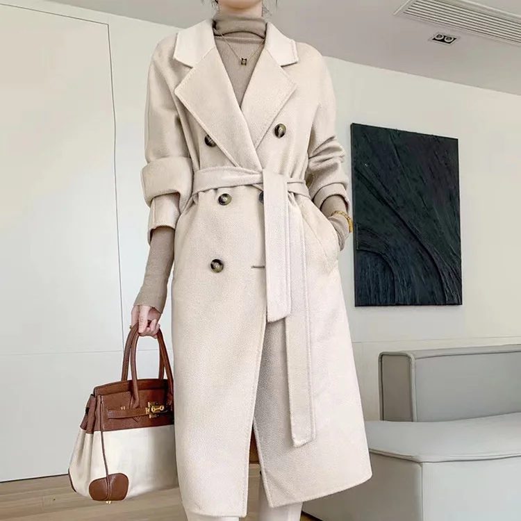 

Custom Wholesale ThickLuxury High-end Winter Jacket Water Ripple Double-faced Wool Coat Ladies Trench Coat