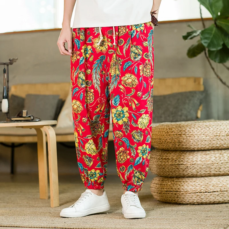 

Summer New Red Men Cotton and Linen Casual Harem Trousers, Black Male Daily Casual Lace-up Loose Floral Pants.