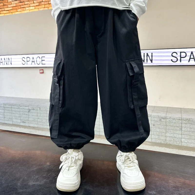 New Spring Autumn Kids Cargo Pants for Boys Casual Loose Trousers with Pocket Children Elastic Waist Sport Running Pants 5-14Y