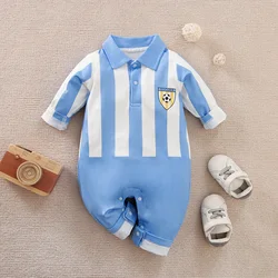 Baby Boy Cute Cartoon Printed Vertical Strip Splicing Simple And Comfortable Blue Baby Spring And Autumn Long Sleeve Jumpsuit