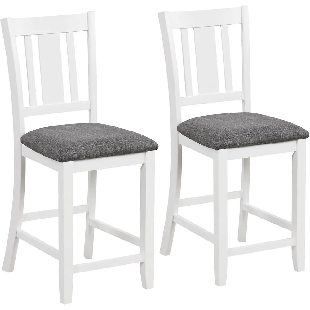 

Pair of 24-Inch Modern White Linen Cushioned Bar Stools with Slatted Backrest and Footrest for Kitchen Island or Pub