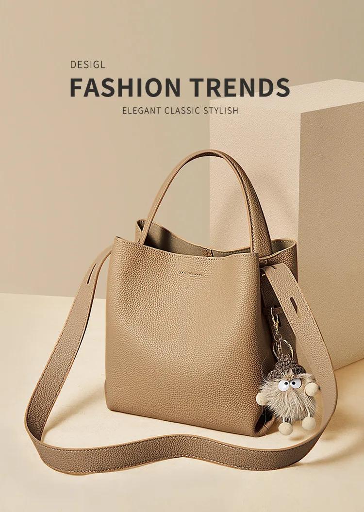 FOXER Einfache Echtleder-Handtasche Damen Schultertasche Tote Bucket Bag Große Kapazität Damen Umhängetasche Pusre Casual – Detail 1
