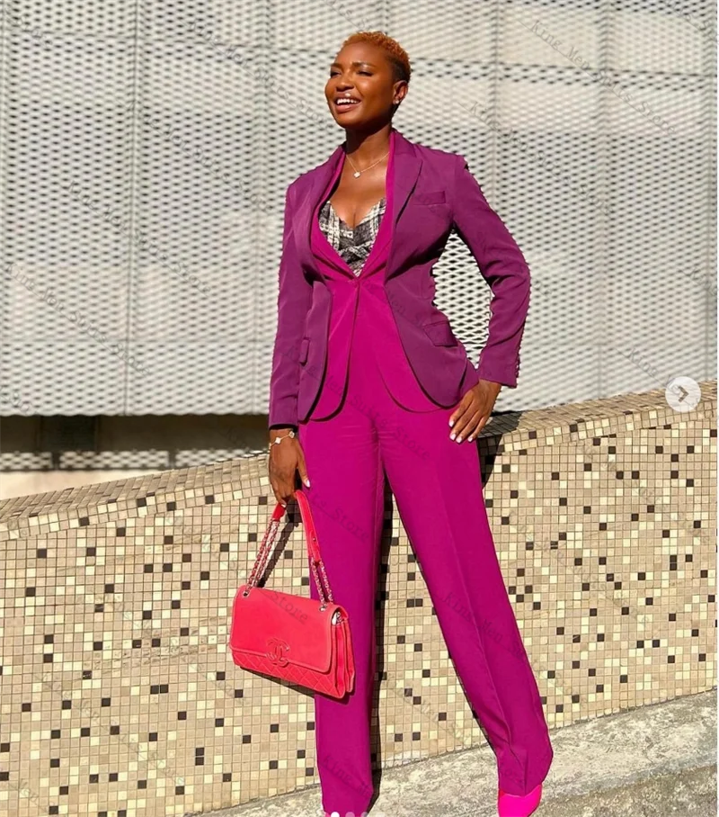 パープルピンクの女性スーツセット 2 ピースブレザー + パンツズボン綿スプライシングカラーカスタマイズオフィスレディジャケット結婚式のコート
