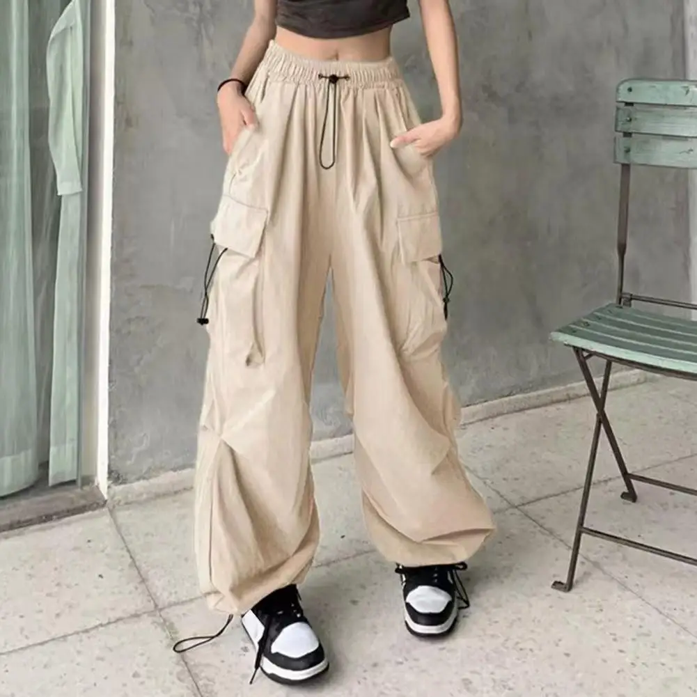 Women Wide-leg Pants Cargo Sweatpants High Waist Women's Cargo Pants with Oversized Multi Pockets Quick Dry Solid Color for Full