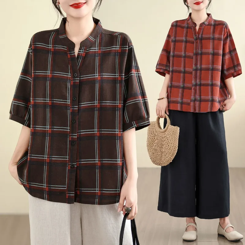 

Women Plus Size Cotton Linen Plaid Shirt Stand Collar Loose Casual Blouse