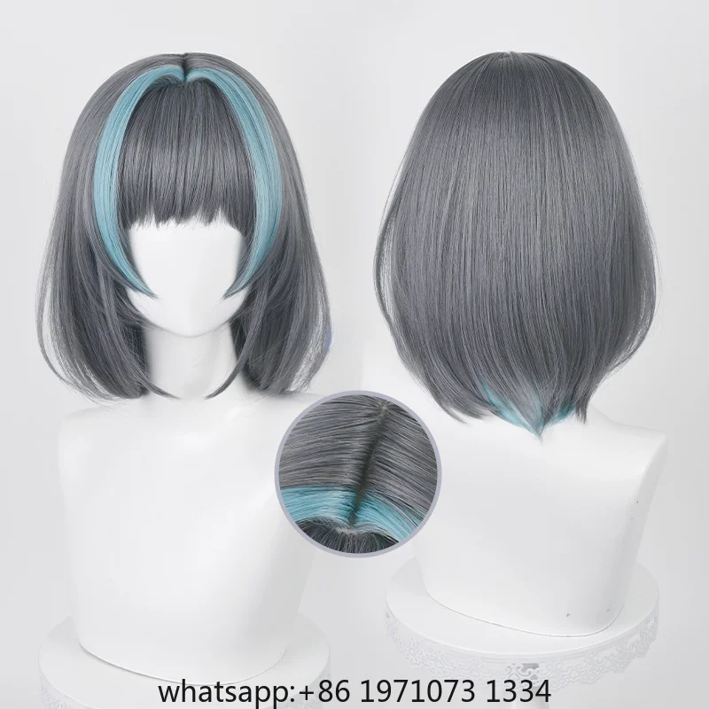 Game Azur Lane Cheshire Cosplay Wig Short Grey Mixed Blue Heat Resistant Synthetic Hair for Halloween Role Play + Wig Cap