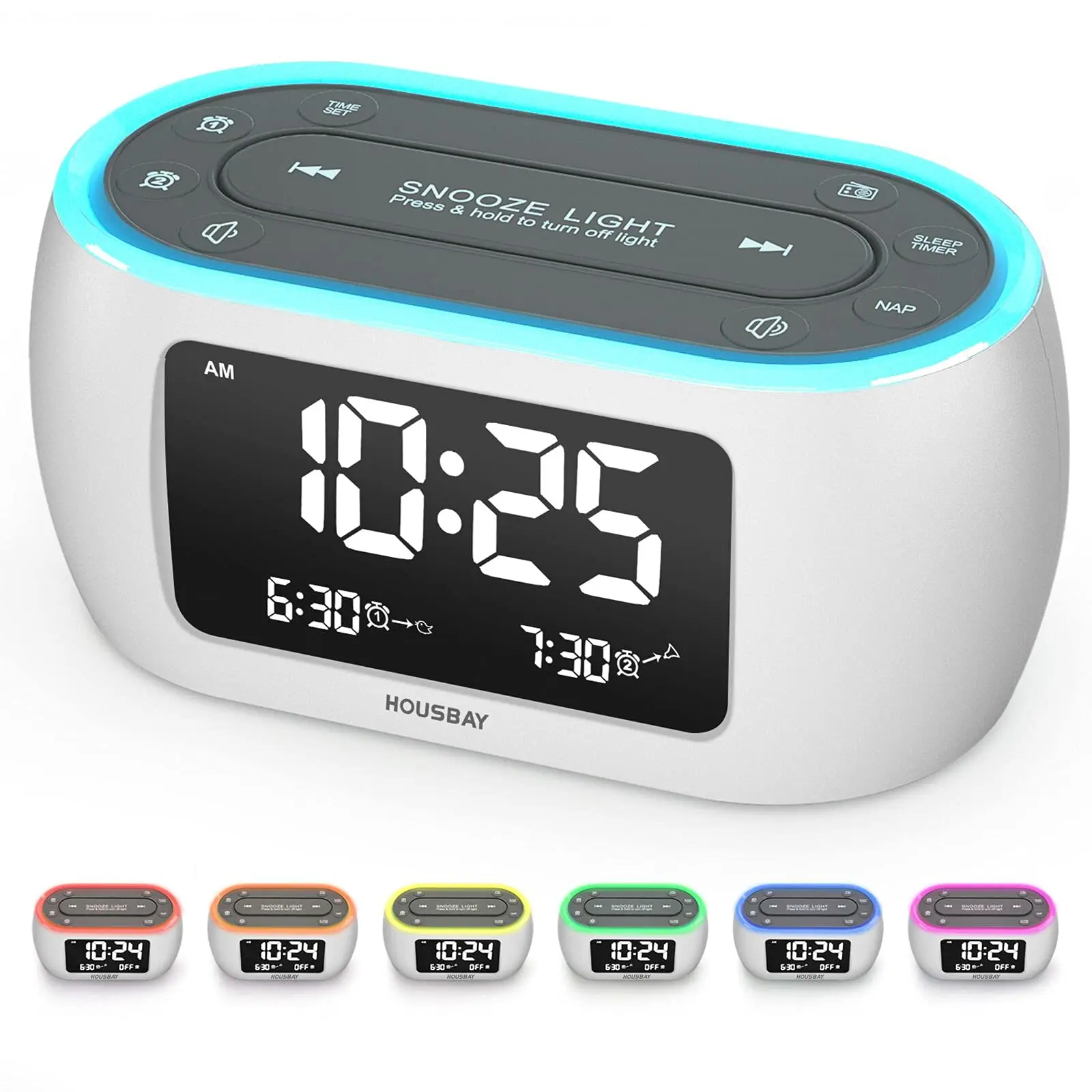 KERCHAN Glow Alarm Clock Radio for Bedrooms with 7 Color Night Light,Dual Alarm,Dimmer,USB Charger,FM Radio with Auto-Off Timer