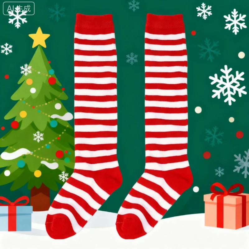 Medias Navideñas A Rayas Por Encima De La Rodilla – Calcetines Largos Para Cosplay Y Fiestas De Disfraces, Elásticos Y Cómodos, 1 Par
