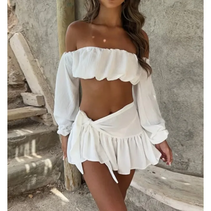 Fashion Two Piece Set Women Off-shoulder Crop Top and Short  Skirt Matching Sets Female Ruffle Club Party Sexy Set
