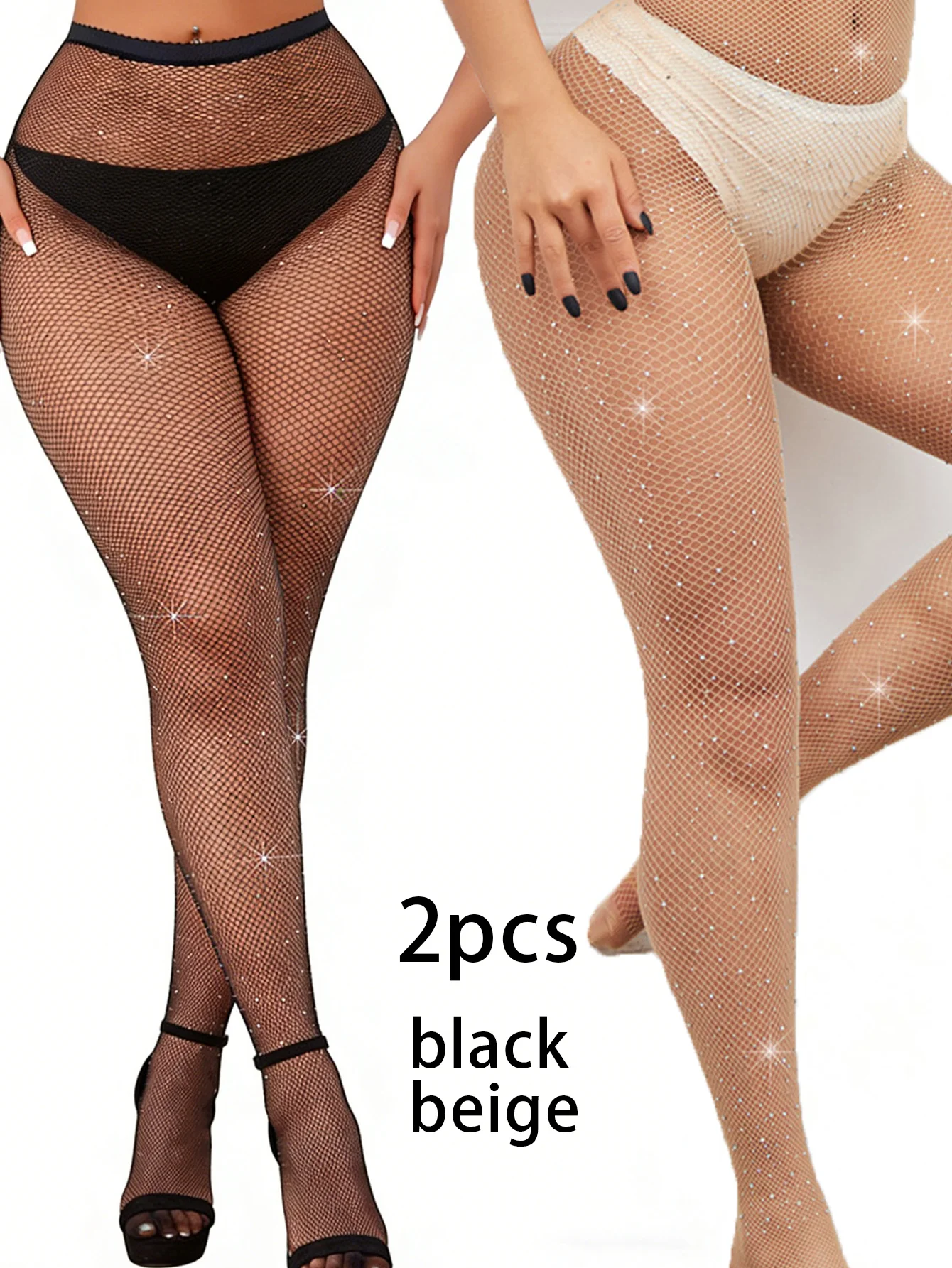2 Stück Damen-Strumpfhosen in Schwarz und Beige, modisch, glänzend, feines Netz, mit Pailletten und Strass, ultradünn, figurbetont (Netz-Stil)