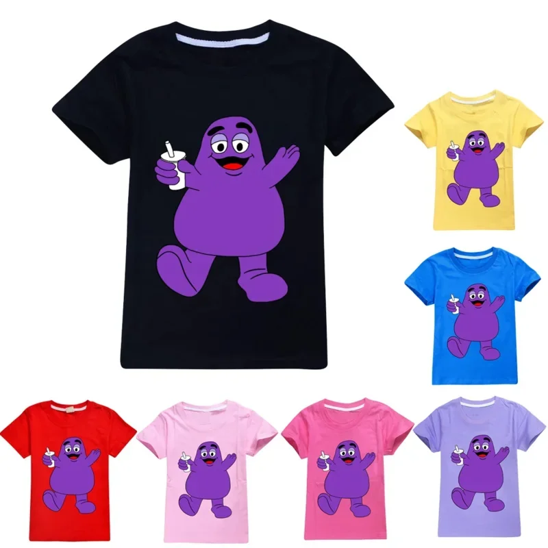 Grimace Shake เสื้อยืดเด็กสาวการ์ตูนผ้าฝ้าย Tees อะนิเมะฤดูร้อนธีมวันเกิดเสื้อผ้า O-คอแขนสั้นของขวัญ