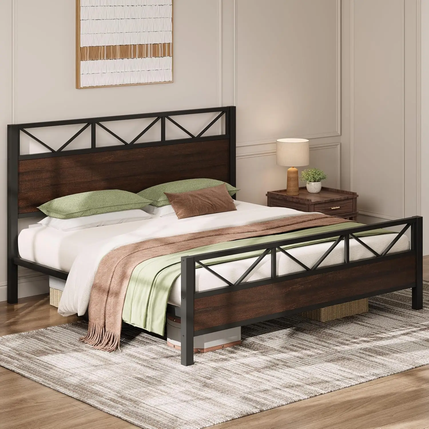 King Bed Frame, Tall Industrial Headboard 51.2 ", Platform Bed Frame with Strong Metal Support, Solid and Stable, Customized view 6