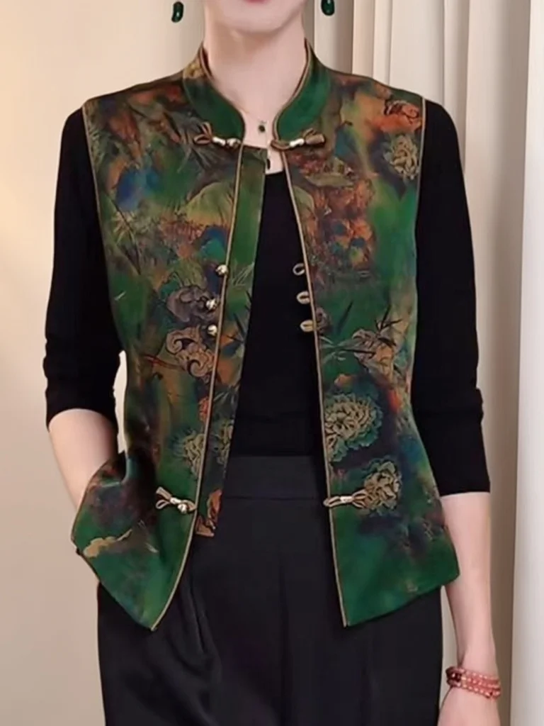 

New Chinese Style Printed Ladies Vest Outerwear Fashionable Anti-Aging Spring Autumn Wear for Middle-Aged And Elderly Mothers