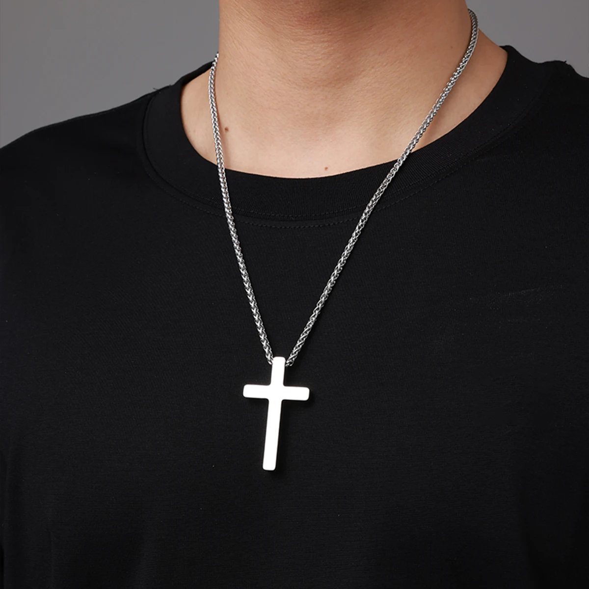 Vintage Steel Color Men Necklace Hypoallergenic Stainless Steel 59CM Long Wheat Chain Geometric Cross Pendant Necklaces Gift