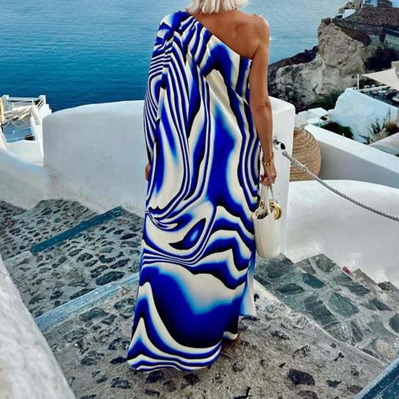 Abito lungo da donna sexy con spalla inclinata, abito lungo ampio con stampa a righe elegante primaverile, abiti da spiaggia Boho senza schienale estivi
