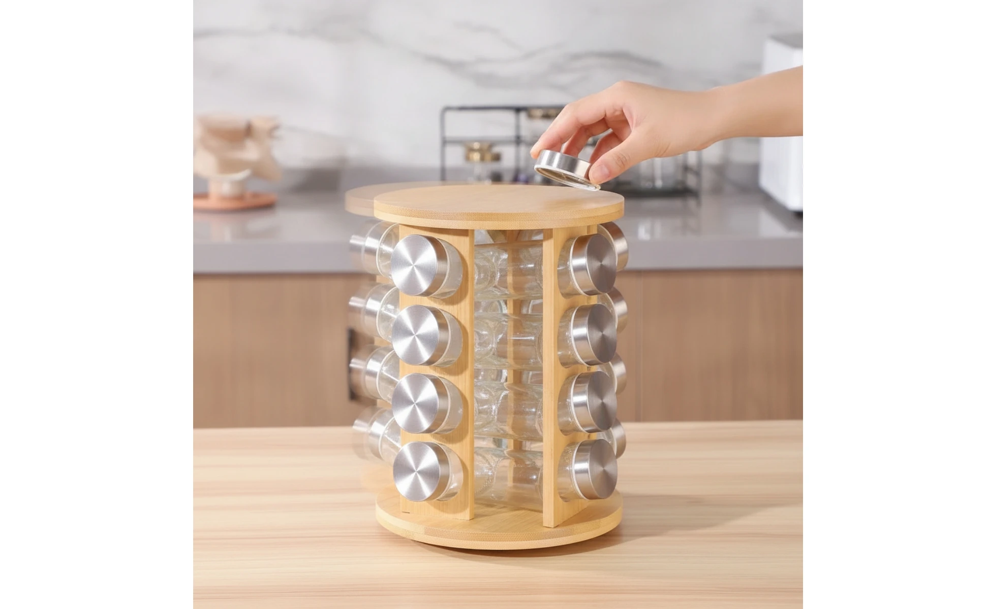 Bamboo Seasoning Rack with Glass Jars Countertop Seasoning Rack with Jars Seasoning Bottle Set Revolving Rotating for Cooks