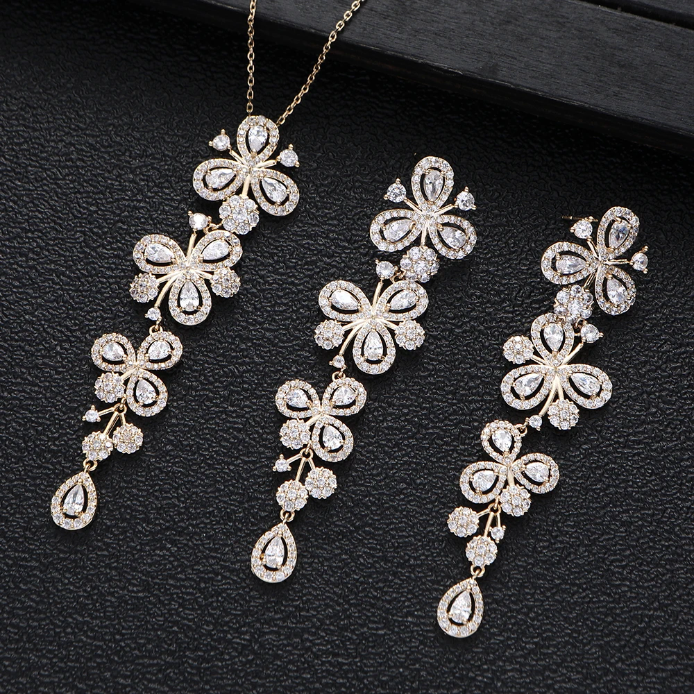 

Luxury Water Drop Necklace Earrings Cubic Zirconia Women's Wedding Dubai African Bridal Banquet Party Jewelry Set S372
