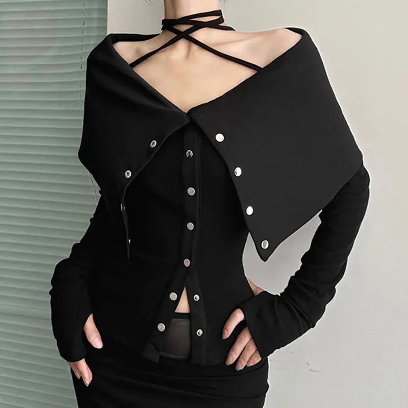 Autumn New Trend Sexy Turn-down Collar Off Shoulder Long Sleeve T-Shirts Female Slim Buttons Solid Color Top Tee Fashion Skinny