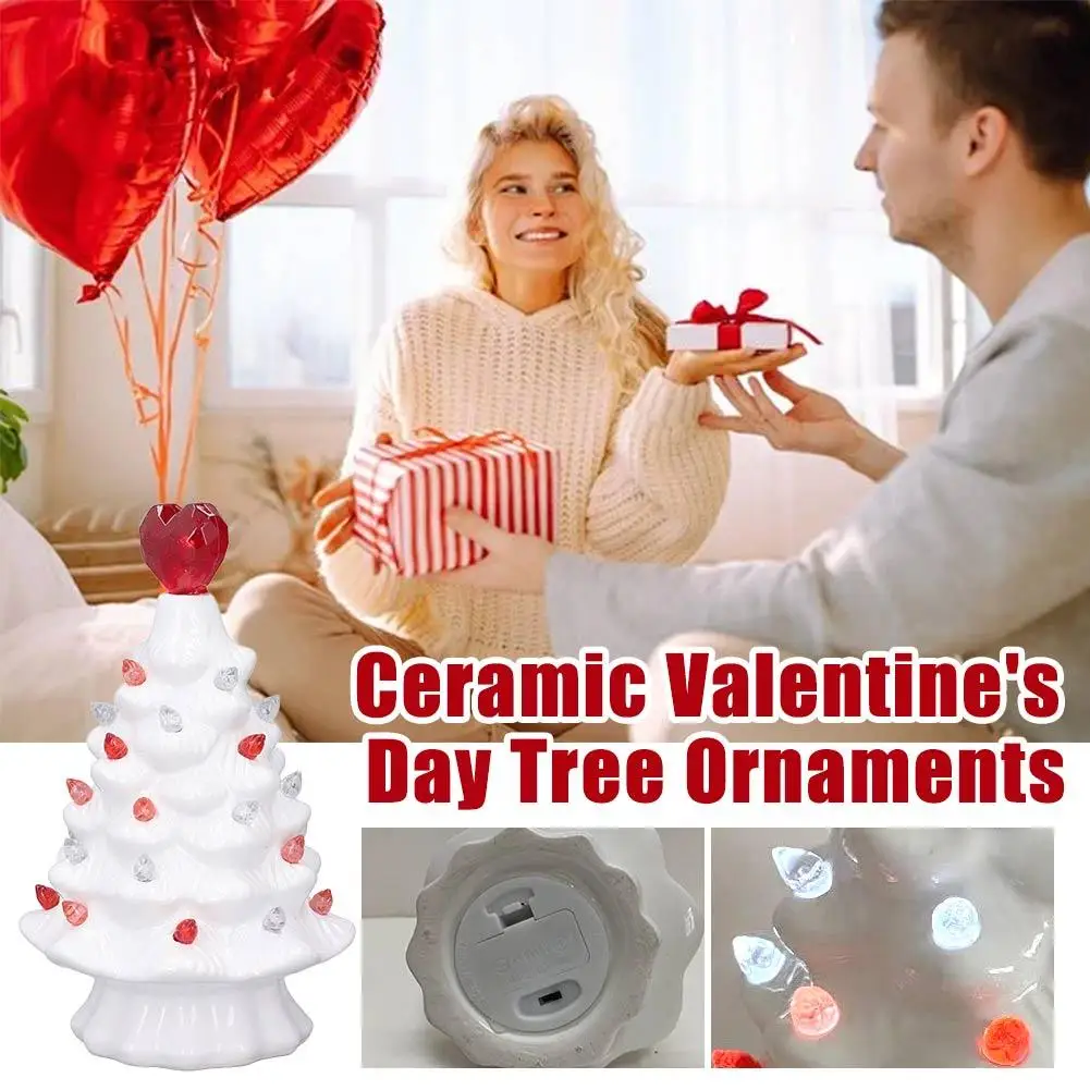 Mini Ceramic Christmas Tree Figurine Colorful LED Light-up Xmas Tree Statue Sculpture With Heart Topper Home Decoration