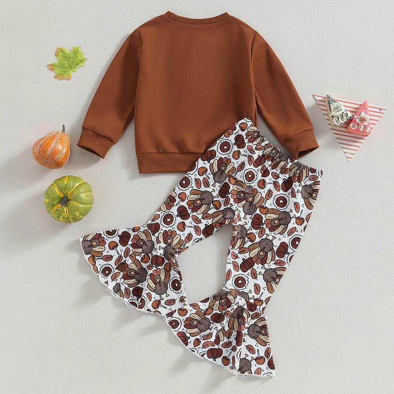 2023-07-28 Lioraitiin 0-5Years Baby Girl 2Pcs Thanksgiving Outfits Long Sleeve Sweatshirt Turkey Flare Pants Set