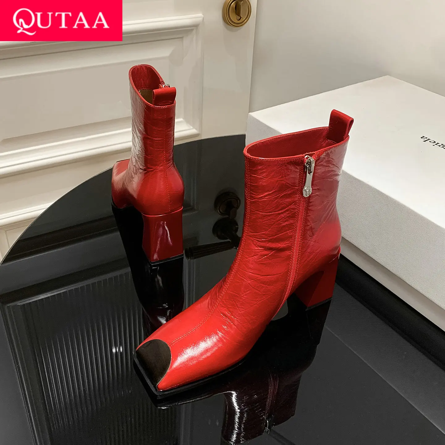 

QUTAA модные женские ботильоны зимняя обувь из коровьей кожи осенние высокие каблуки на молнии мотоциклетные металлические короткие ботинки с квадратным носком 34-40