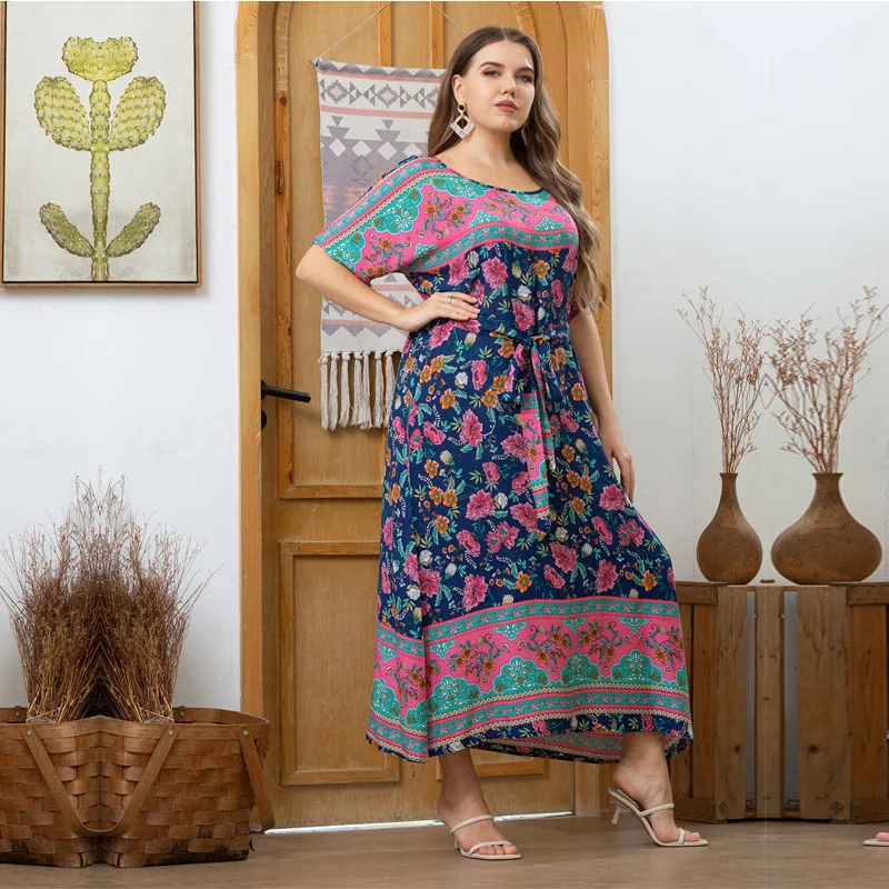 NUOVO abito con cintura con scollo a O con stampa floreale donna vacanza casual estate manica corta Boho maxi abiti lunghi 2025