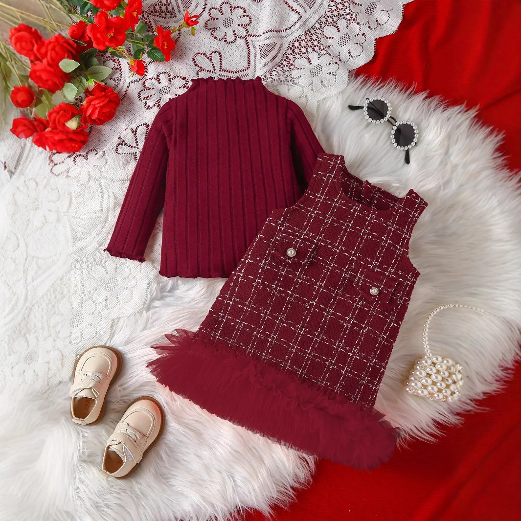 

Зимнее красное шифоновое золотое платье для девочек, рубашка с высоким воротником и длинными рукавами, комплект из 2 предметов, От 1 до 8 лет