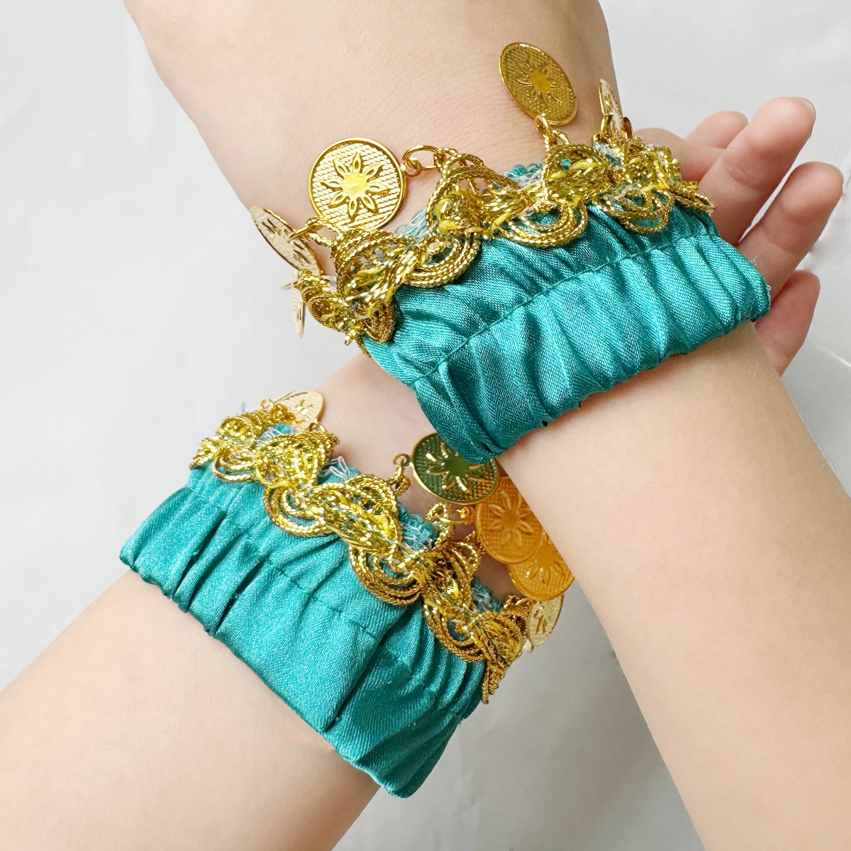 New Belly Dance Metal Coin Bracelets 1 Pair Belly Dancing Wrist Ankle Cuffs Bracelets Chiffon Gold Coin Belly Dance Accessories