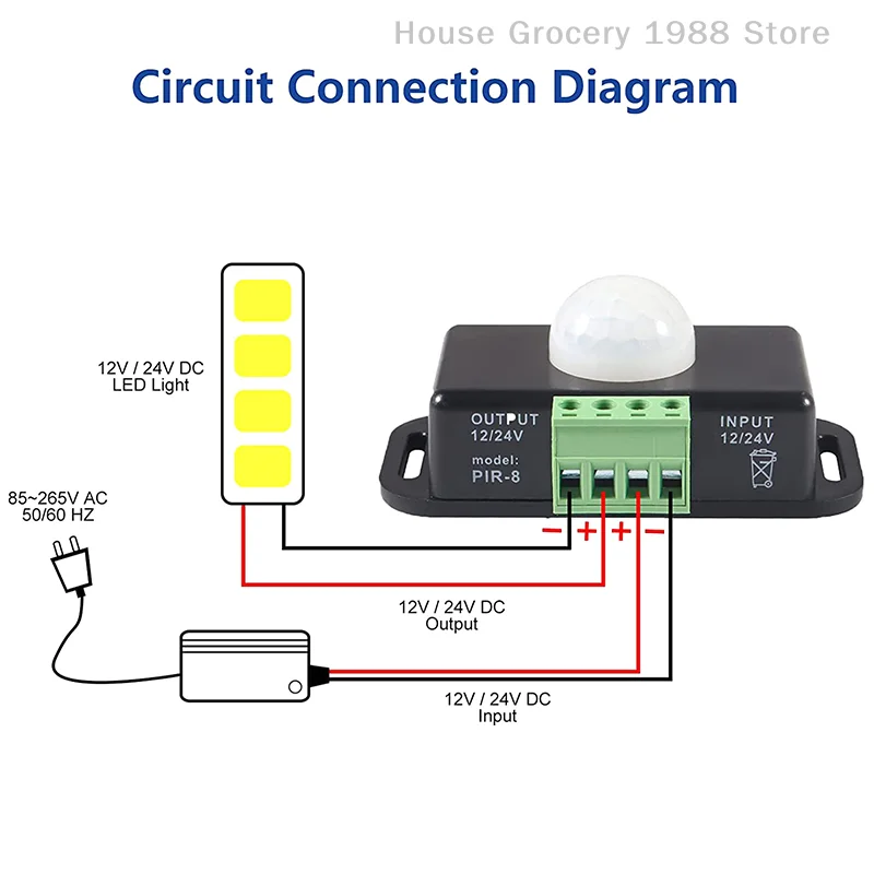 

1 Pcs DC 12V 24V Auto Adjust PIR Motion Sensor Switch Infrared Detector Light Switch 2 Pcs AC 250V/125V 2A Black Line Switch