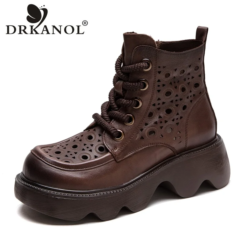 

DRKANOL Summer Women Boots Wide Head Design Literary Style Hollow Out Breathable Genuine Cow Leather Wedges Heel Platform Boots