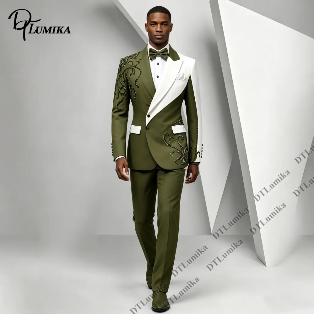 Olive Green White Asymmetric Two Tone Men Suit Rhinestone Embroidery Slim Fit 2 Piece Jacket Pants Formal Wedding Prom Outfit