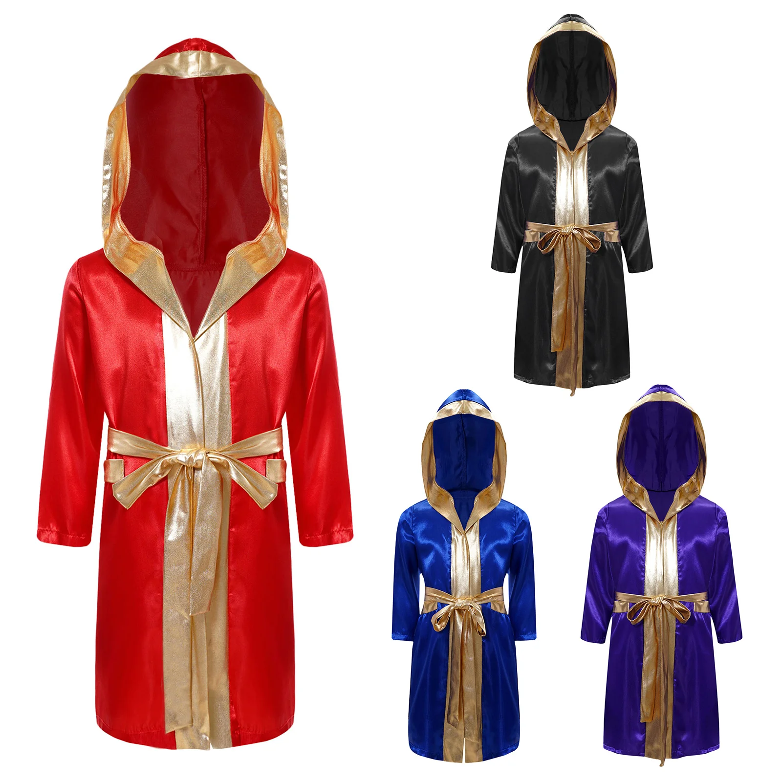 Kids Boys Boxing Robe Boxer Cosplay Costume Long Sleeve Metallic Satin Hooded Cloak Uniform Kickboxing Gown for Halloween Party