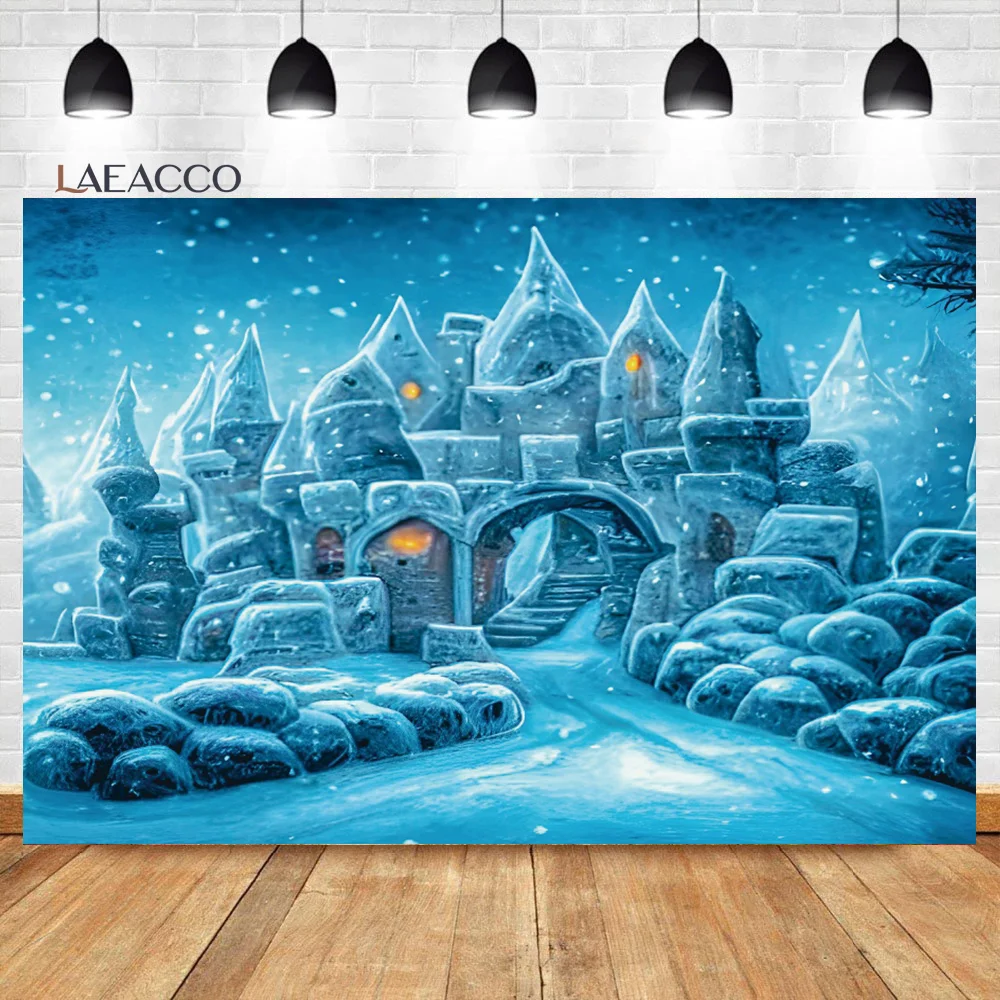 

Laeacco Winter Cartoon Castle Photography Backdrop Blue Ice Snow Forest Mountian Baby Shower Kids Birthday Portrait Background