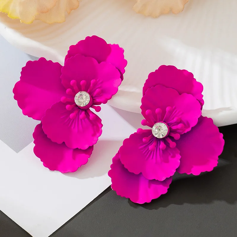Stud Earrings For Women Exaggerated Enamel Flower Metal Symmetrical Ear Accessories Holiday Party Gift Fashion Jewelry CE225