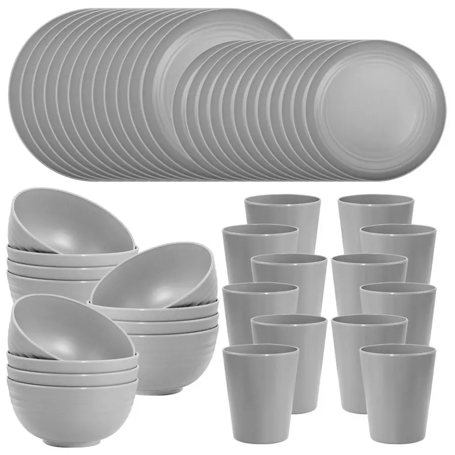 

48 Pcs Grey Plastic Wheat Straw Dinnerware Set Plates and Bowls Sets, Camping Dish Set for 12, Unbreakable Dishwasher Safe Wheat