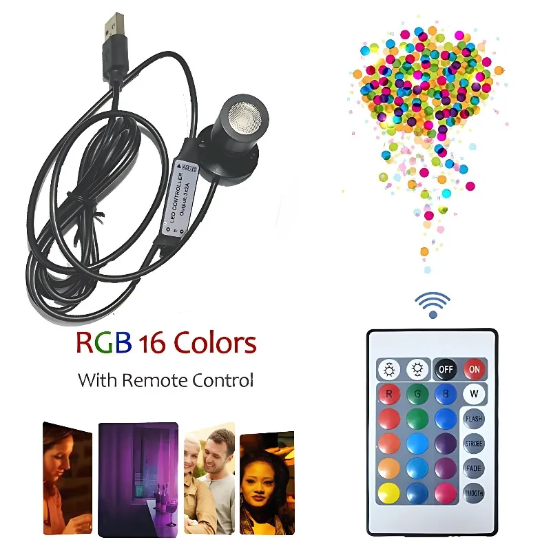 USB RGB LED Mini Spotlight with Remote Control Dimmable Rotatable Lamp for Display Showcase Model Figures Bedroom Decor Portable