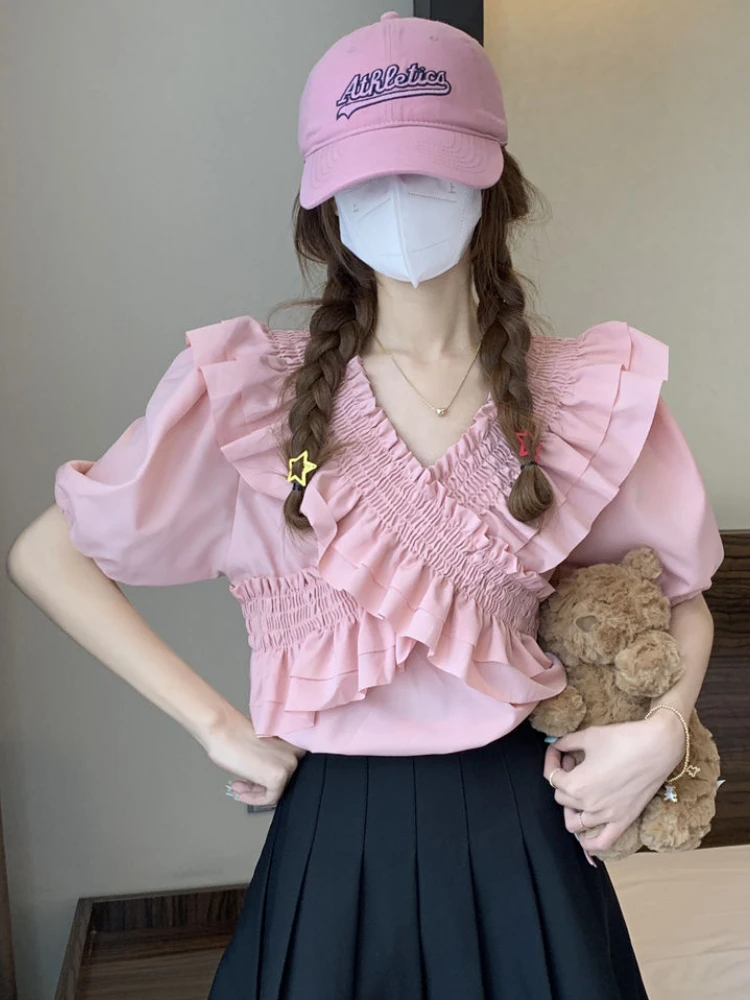 Blouses Women Sweet Romantic Leisure Students Ruffles Design All-match Elegant Streetwear V-neck Attractive Puff Sleeve Holiday