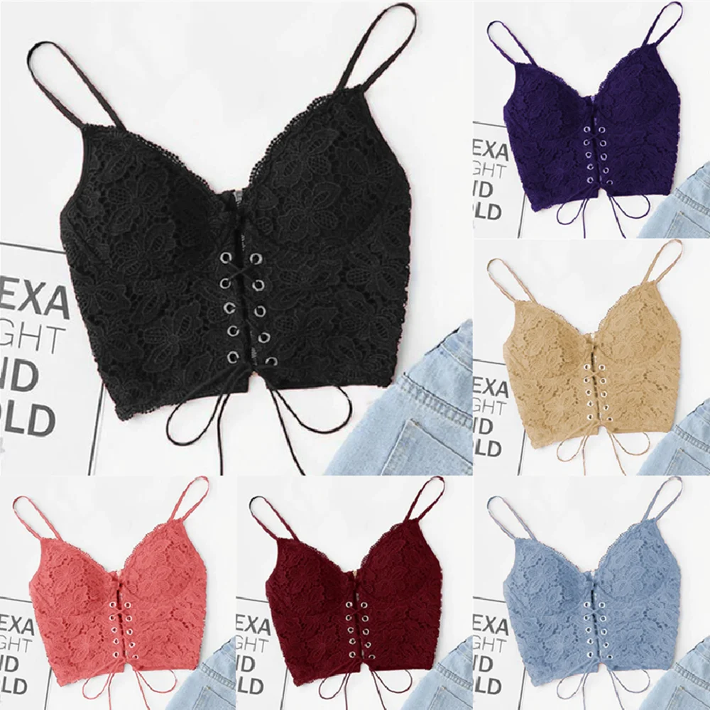 Sexy Solid Lace Underwear Croptop Women V-Neck Bustier Bra Eyelet Lace Up Spaghetti Strap Vest Zip Back Camisole Push Up Bralet