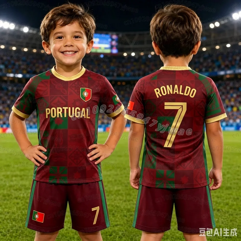 26 Sommer Jungen Ronaldo Nr. 7 Fußballtrikot T-Shirt Shorts Set Damen Herren PORTUGAL Fan-Shirt Shorts Set Kinder Trainingsanzug 2-teiliges Set – Detail 5
