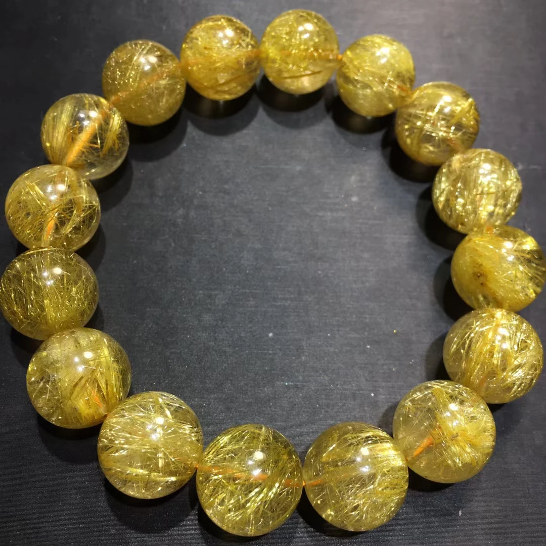 13mm Natural Gold Rutilated Quartz Clear Round Beads Bracelet Women Fashion Big Size Bead Wealthy Stone AAAAAAA