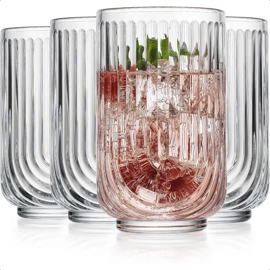 

Drinking Glasses Set of 4. 17oz Vintage Ripple Cocktail Glasses Ribbed Highball Glass Cups. Arch Designed Art Deco Glassware fo