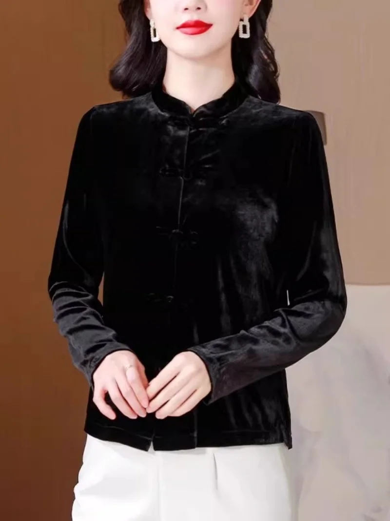 

hinese Retro Style Gold Velvet Cardigan: Women's Spring Autumn Casual Short Jacket, Elegant Mom's Top (W1969)