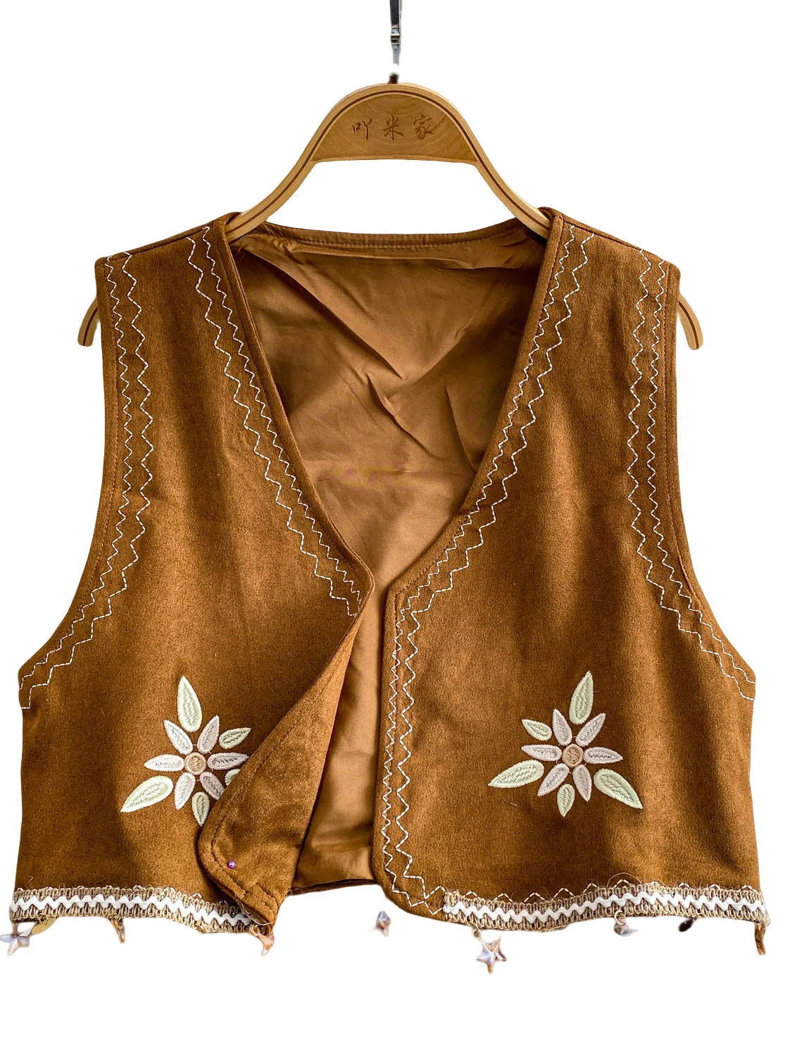 

Brown Embroidered V-Ne ort Waistcoat Women's Summer Holiday Sle Knitted Tassel Slimming Top Commute Floral Pattern