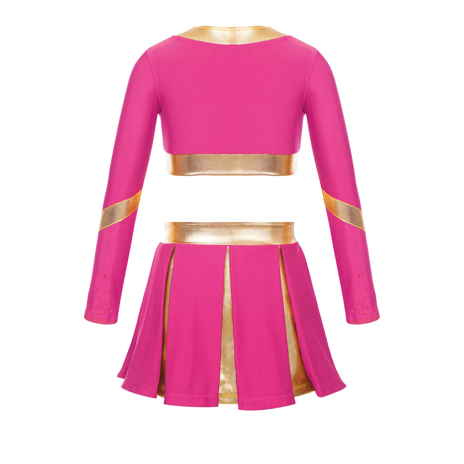 Girls Cheerleading Costume 2 Piece Long Sleeve Crop Top with Pleated Skirt for Kids Halloween Cheer Leader Cosplay Dress Up