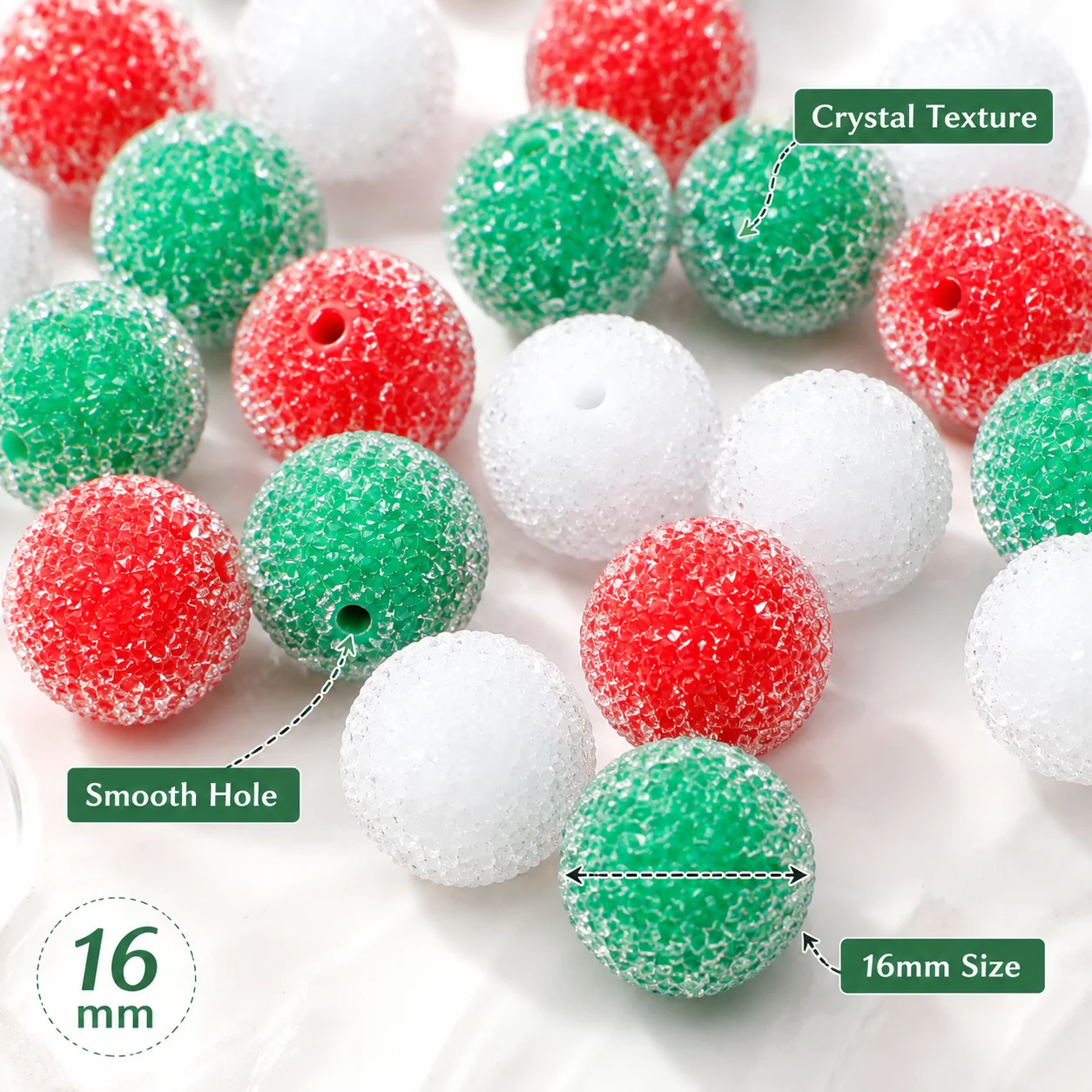 5 Stück 16mm Weihnachts-Acrylperlen mit glitzernder Zuckertextur, runde lose Abstandsperlen in Rot, Weiß, Grün, Beerenperlen für DIY-Bastelarbeiten – Detail 1