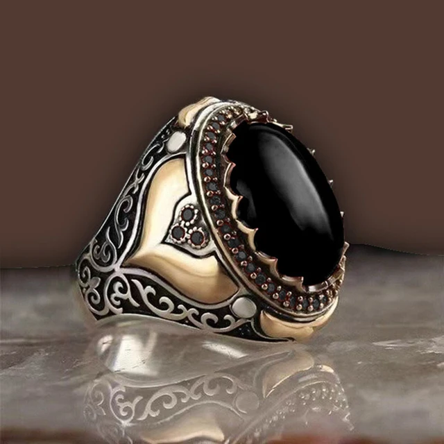 Retro handgemachter türkischer Siegelring für Männer Vintage Silber Farbe Schnitzmuster Inlay grüner Zirkon Party Punk Motor Biker Ring