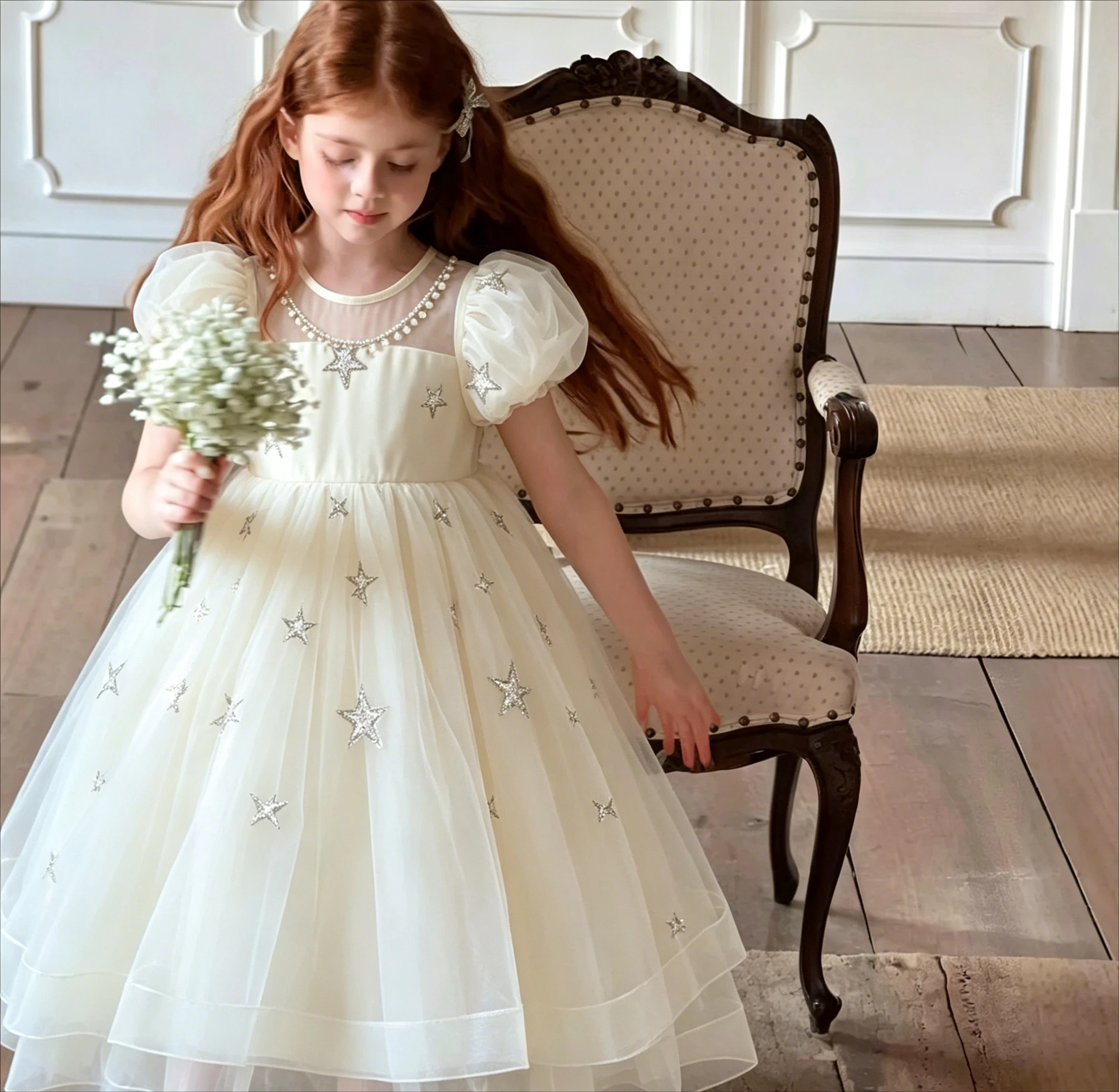 Girls Gauze Skirt 2026 Spring Summer New Girls Puff Sleeve Princess Dress Fashion Girls Birthday Mesh Dress