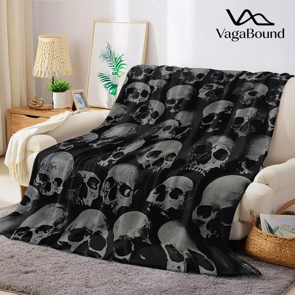 Vintage Monochrome Skull Allover Flannel Blanket Warm Soft Halloween Christmas Decorative Couch Warm Cozy All-Season Gift